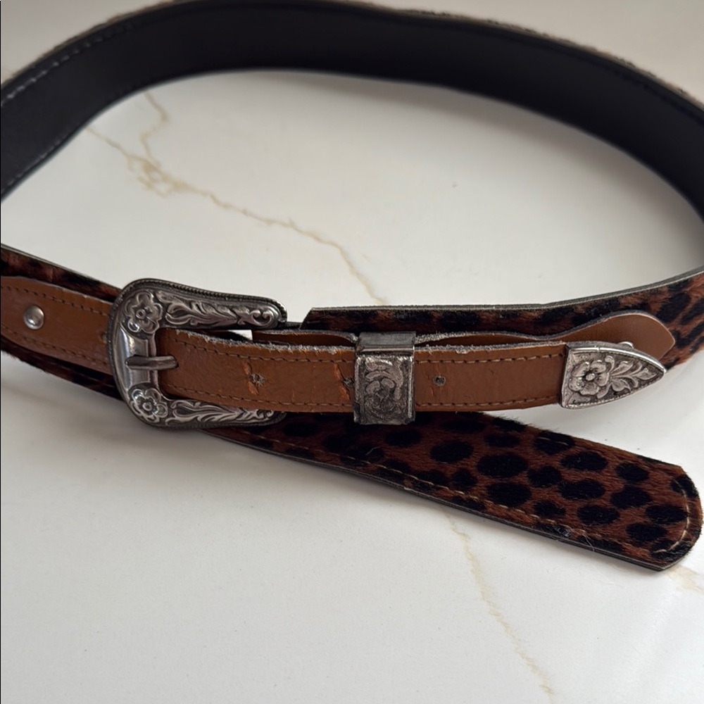 Leopard Print Hide Leather Handmade Belt with Silver Buckle
